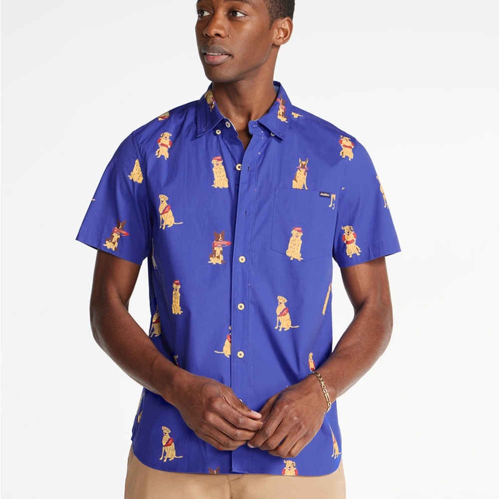 NWT | Chubbies Button Down Blue Shirt Short Sleeve with Dog Print - Large